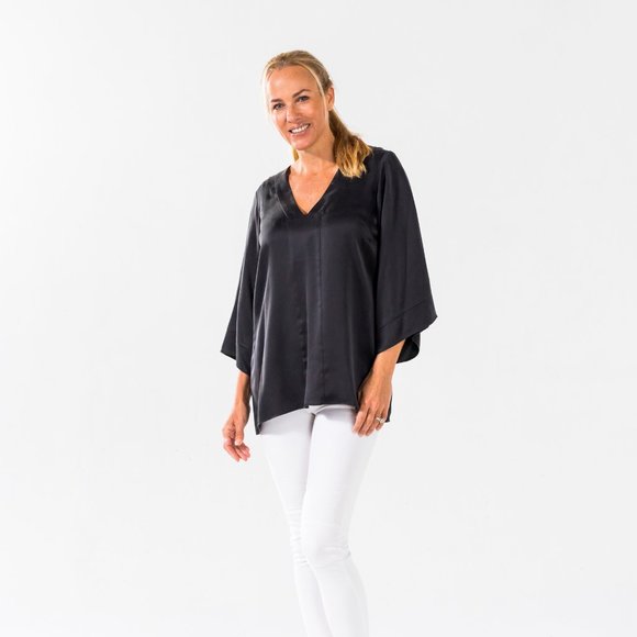 Black Wash Silk Charmeuse Tunic Top - Picture 1 of 5